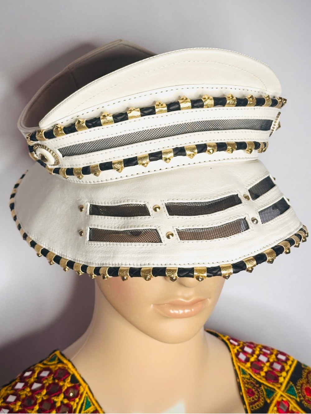 House of Malakai White Leather Futuristic Military Visor Hat – Studded Statement